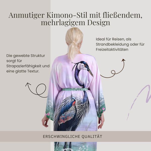 Kimono mit Gürtel, Baumblütenmuster, 128×78 cm, Fliedergrün image number 6